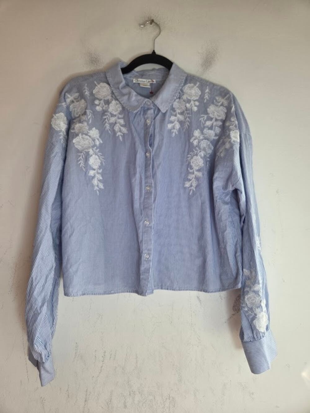 Christian Lacroix Blue White Striped Embroidery Cotton Button Down Up Large